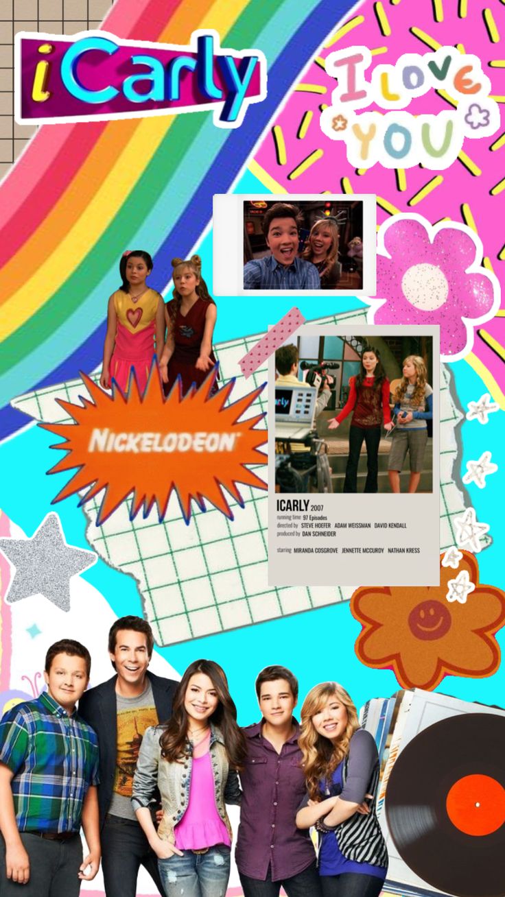 the cast of gleed is standing in front of a colorful wall with pictures and words on it