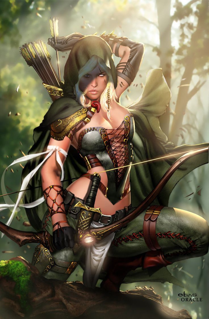 an image of a woman in the woods with arrows on her chest and wings outstretched