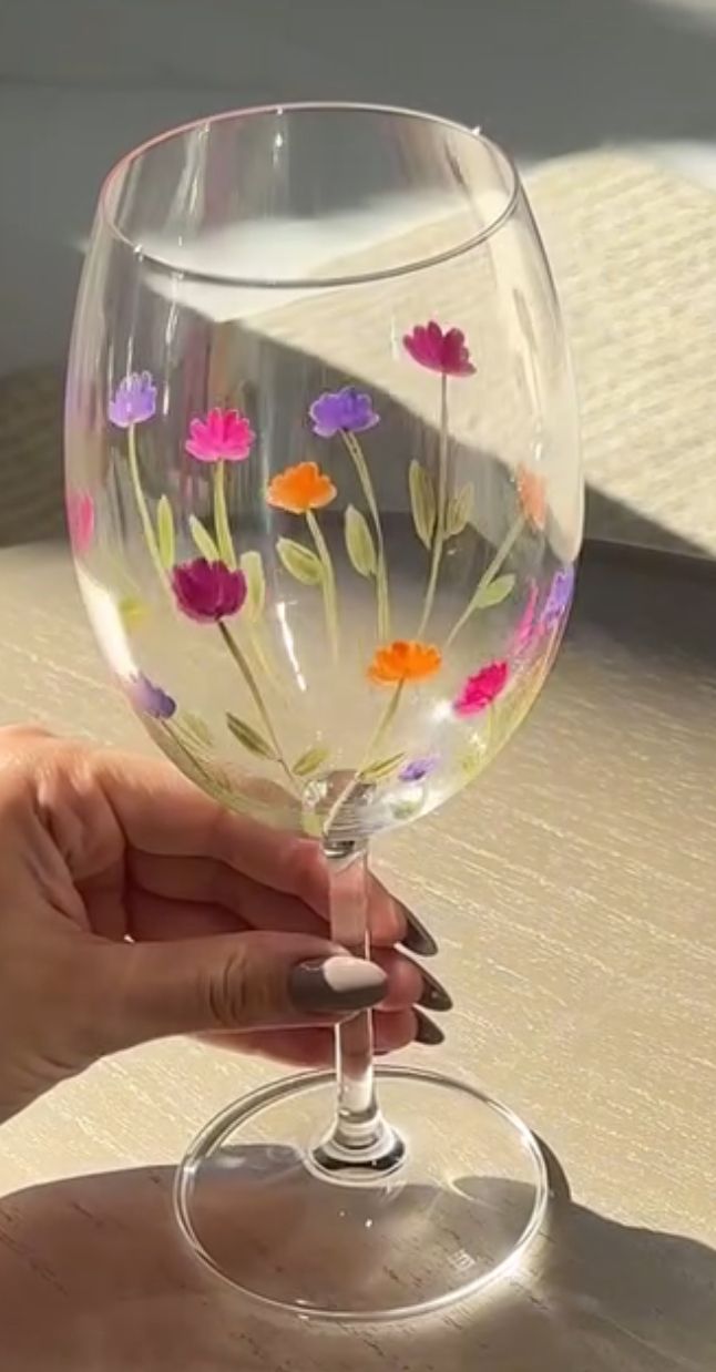 a hand holding a wine glass with flowers painted on it, sitting on a table