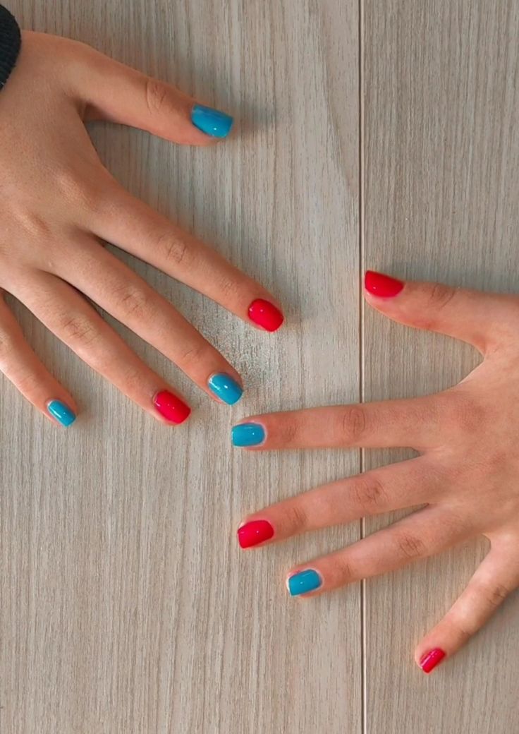 Different Color Hands Nails, 5 Different Color Nails, Simple Bright Nails, Different Color Nails On Each Hand, Fine Line Nails, Primary Color Nails, Two Different Colored Nails On Each Hand, Multi Colored Nails, Line Nails