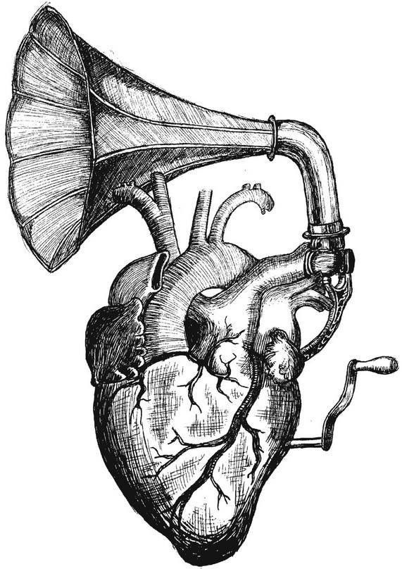 a drawing of the human heart with an old phonograph