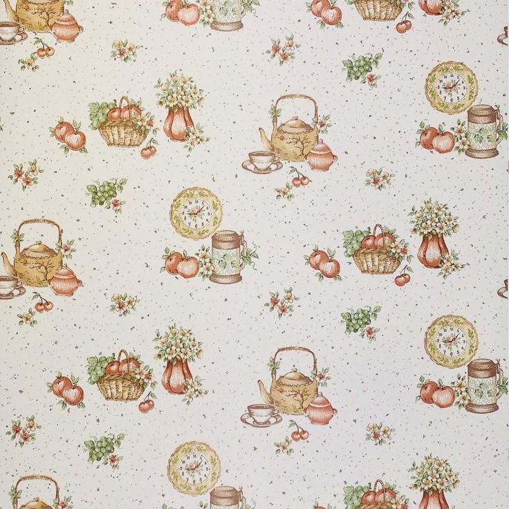 an old fashioned wallpaper with teapots and other things on the table in front of it