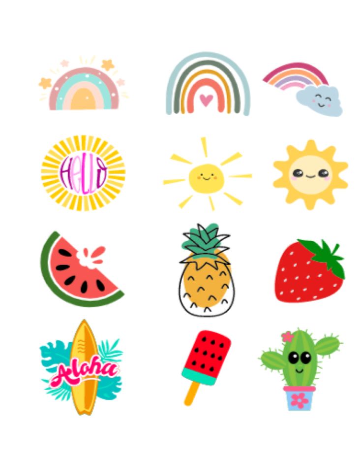 an assortment of stickers that include fruit, watermelon, sun and rainbows