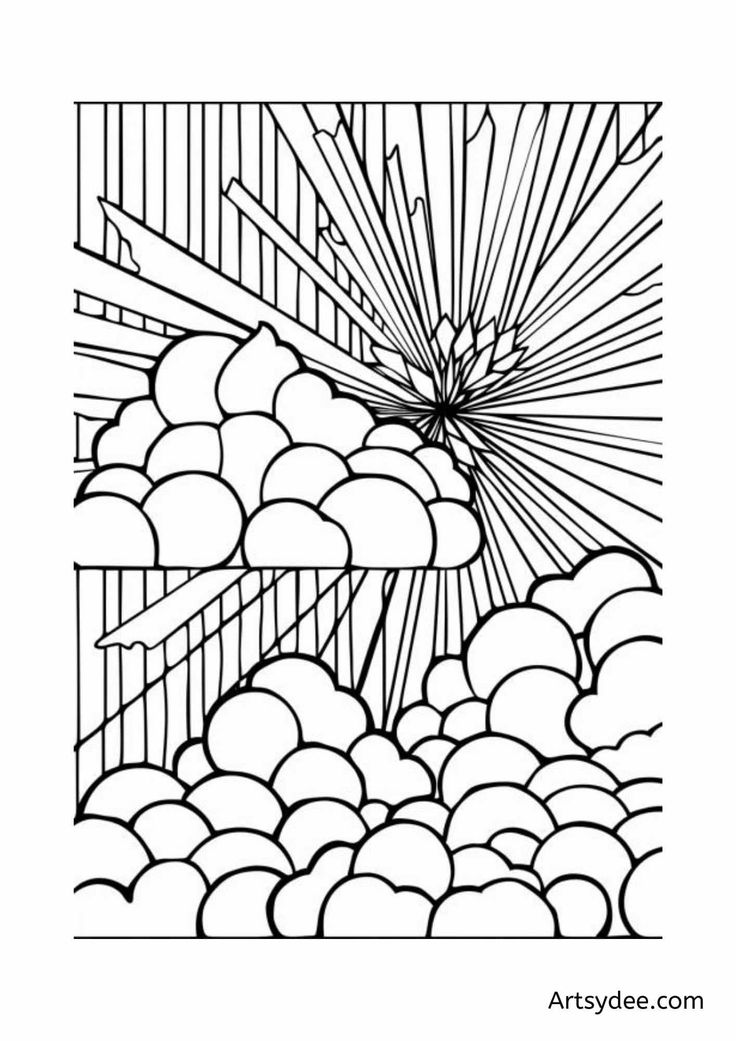 a coloring page with the image of clouds and sunbeams in black and white