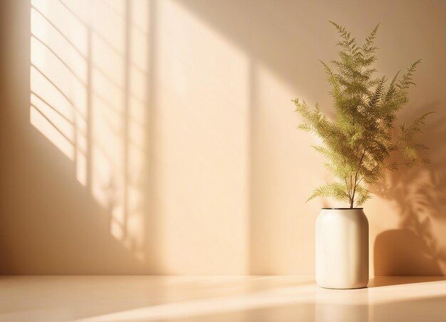 a plant in a white vase sitting on a table next to a window with the sun shining through it