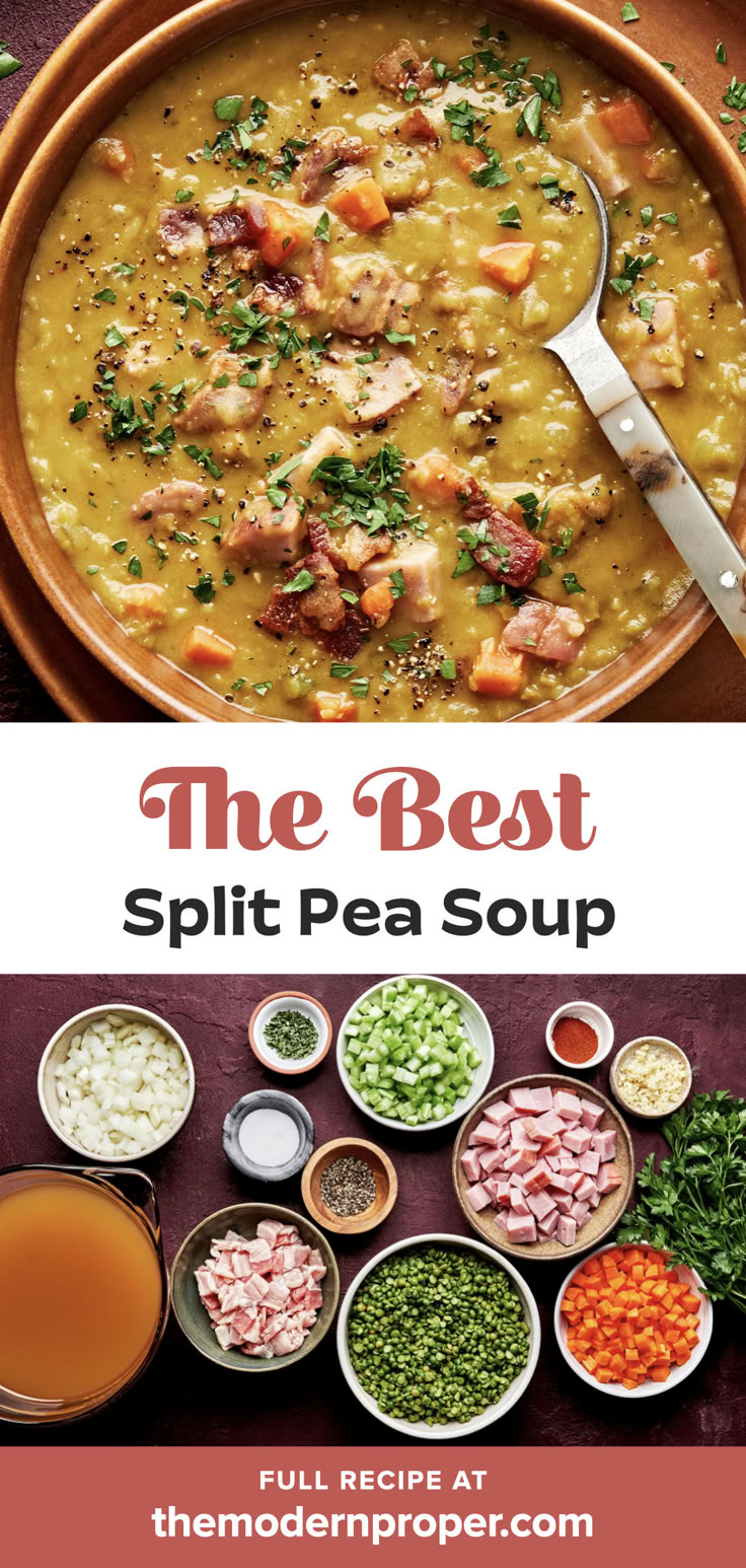 a bowl of homemade split pea soup with ham and bacon sprinkled with fresh parsley Split Soup Pea, Split Pea Soup With Bacon Recipes, Soup With Green Onions, Soup For The Week, Crockpot Split Pea Soup With Ham Hock, Classic Split Pea Soup, Best Crock Pot Soup Recipes Ever, Bacon Split Pea Soup, Split Pea Soup No Ham Bone