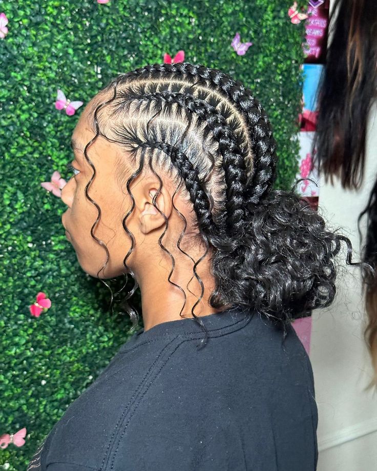 Braided Back With Curly Hair, Add On Hairstyles, Cornrow Buns With Curls, Cornrow Braids Into 2 Buns, Braids With Two Buns In The Back, Feed In Braids Hairstyles With Curls, Feed In Braids Bun To The Back, Stitch Braids Buns, Feed In Buns With Curls