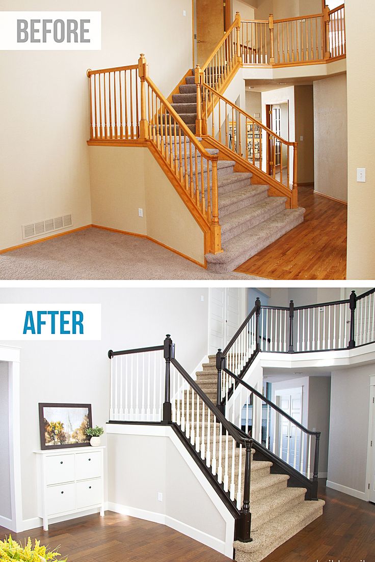 before and after pictures of a staircase in a house with white walls, wood floors and wooden handrails