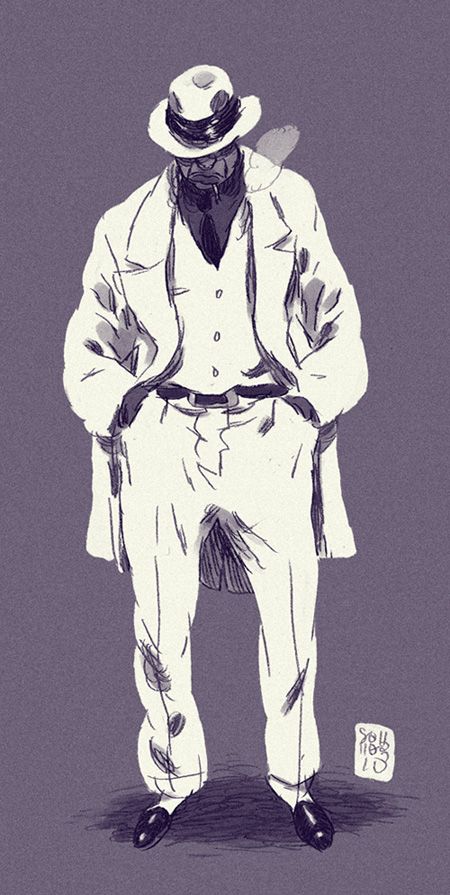 a drawing of a man wearing a hat and coat with his hands in his pockets