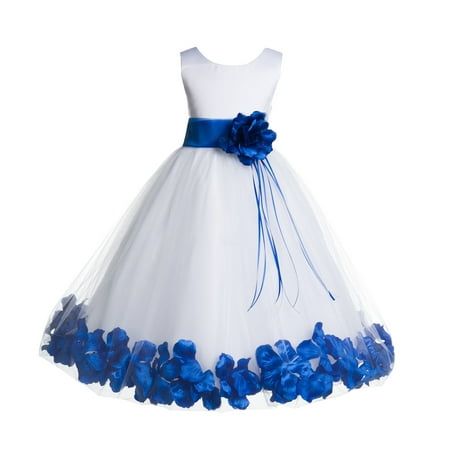 The elegant bodice feature is made of White poly satin. The waistline is decorated with Your Choice of Color organza sash and ribbon flower to make this dress more elegant. The skirt has 4 layers, the inside layer is satin attached with a netting for additional fullness. the top layer is actually a double layer of fluffy tulle with rose petals and leaves wrapped in it to make this dress more beautiful. Size: size 2.  Color: Blue.  Gender: female.  Age Group: kids. Royal Blue Wedding Theme, Dress With Organza, Fluffy Wedding Dress, White Flower Girl Dress, White Tulle Dress, Flower Girl Dresses Blue, Ballroom Gowns, Royal Blue Wedding, Blue Themed Wedding