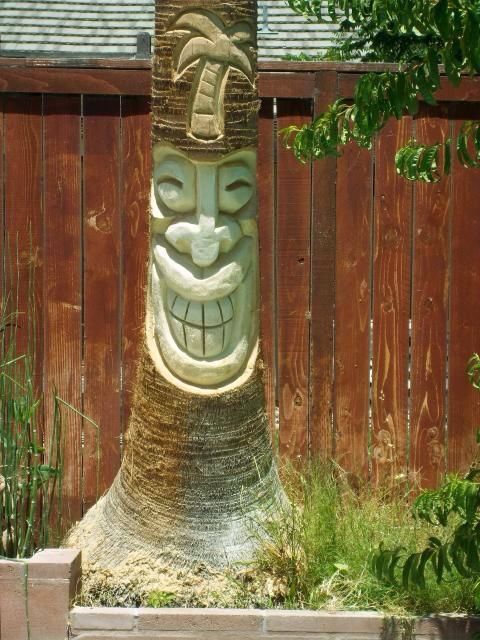 a tree trunk with a carved face on it in front of a fenced area