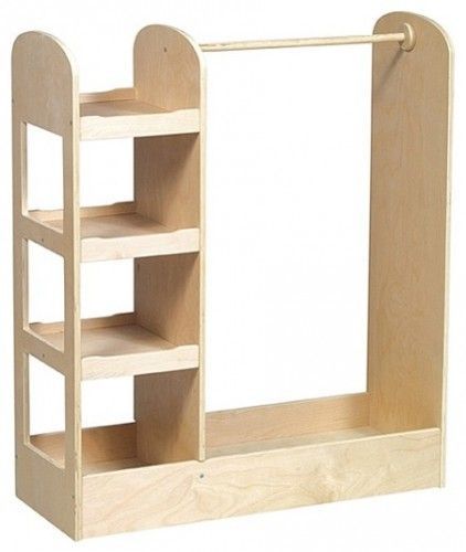 a wooden shelf with two open shelves on one side and three closed shelves on the other