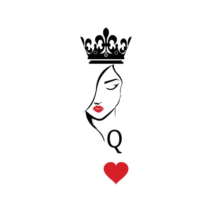 a woman with a crown on her head and a red heart in the foreground