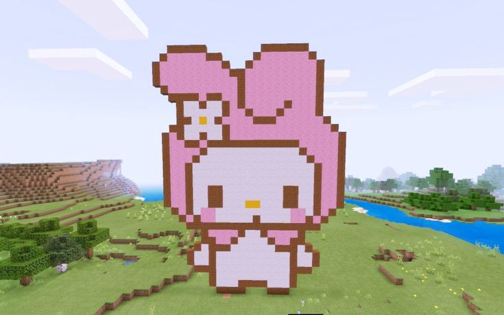 an image of a pink bunny in the middle of a minecraft landscape with trees and water