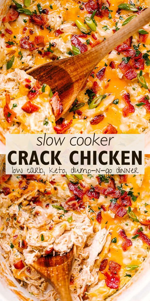 slow cooker chicken casserole in a white bowl with a wooden spatula