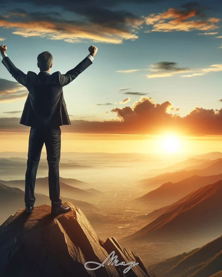 a man standing on top of a mountain with his arms wide open and hands in the air