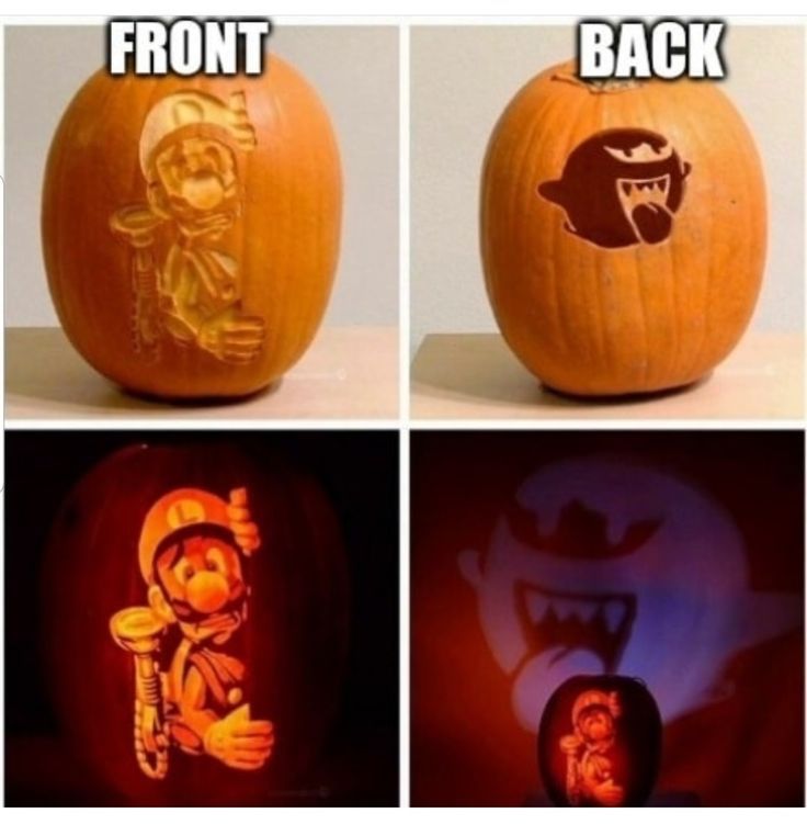 four pumpkins with carved images of people and animals on them in different stages of carving