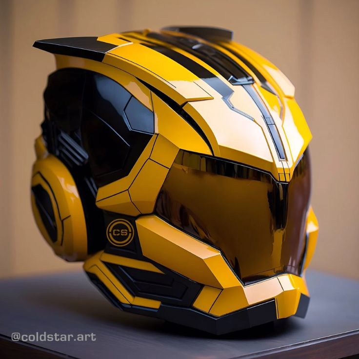 a yellow helmet is sitting on top of a table