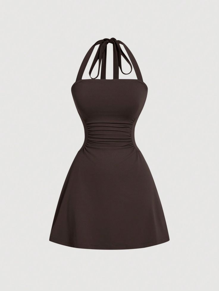 Chocolate Brown Sexy Collar Sleeveless Knitted Fabric Plain A Line,Cami Embellished Medium Stretch  Women Clothing Homecoming Dresses Brown, Cute Brown Dress, Little Brown Dress, Medium Length Dress, Dark Brown Dress, Smart Casual Wardrobe, Short Dress Styles, Pretty Prom Dresses, Simple Dress