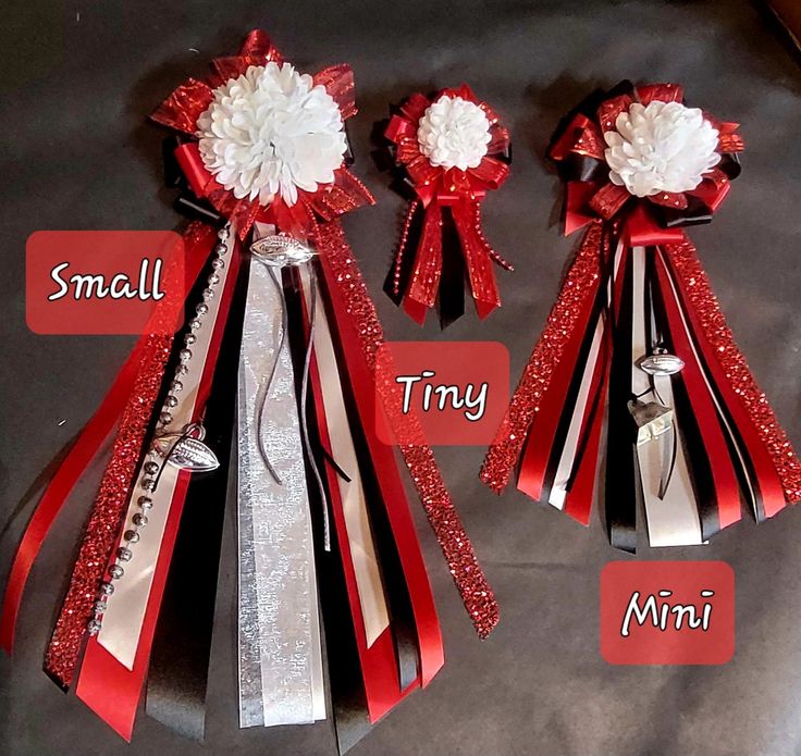 three red and silver ribbons with names on them