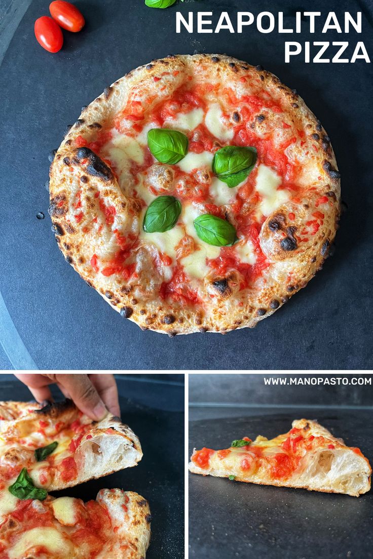 there is a pizza with cheese and basil on it, next to some other pictures