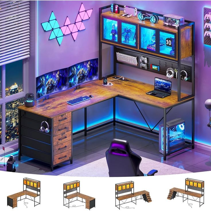 a computer desk with several different types of computers on it and various lighting effects in the background