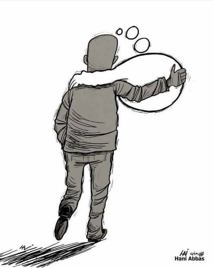 a drawing of a man walking with an object in his hand and thought bubble above his head