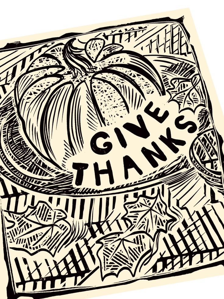 a black and white drawing of a pumpkin with the words give thanks