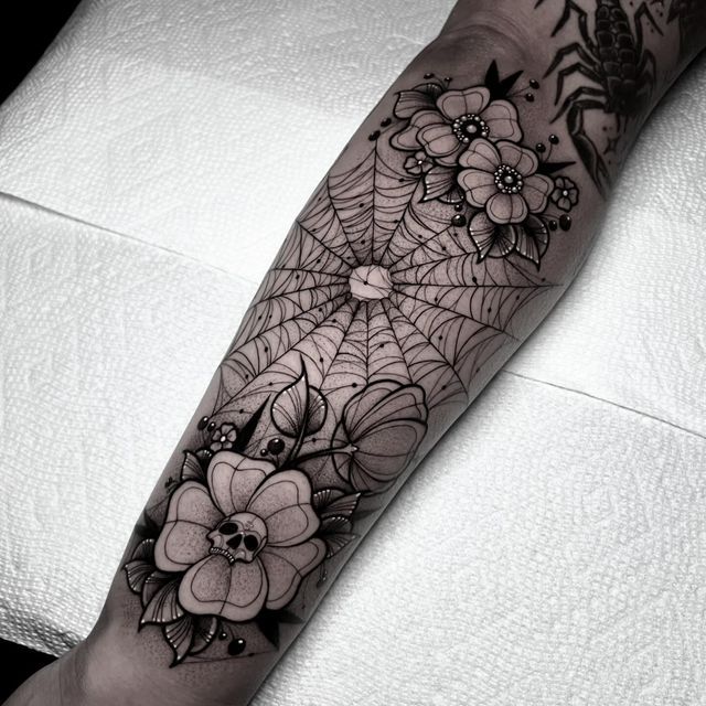 a black and white tattoo with flowers on the arm