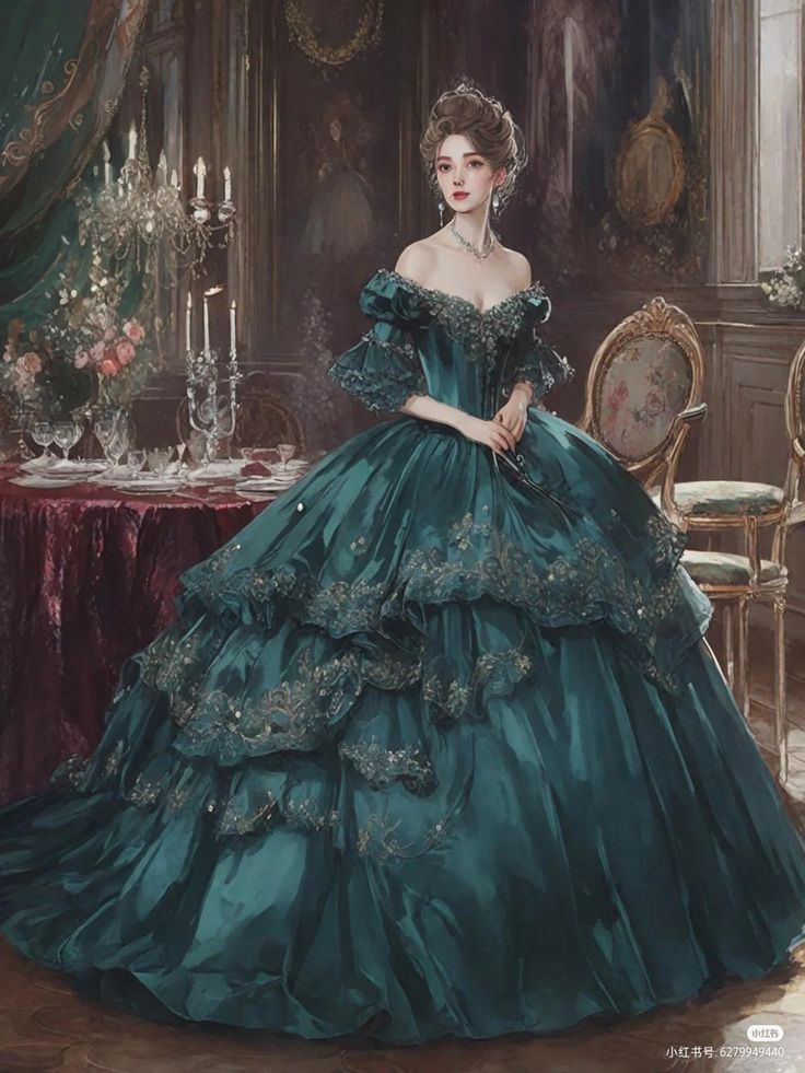 1800 Royal Dress, Victorian Ball Gowns Aesthetic, Princess Aesthetic Medieval, Old Princess Dresses Ball Gowns, Victorian Ballgown Aesthetic, Royal Ball Gowns Queens, Victorian Dress Green, Elegant Victorian Dresses, Victorian Dress Painting