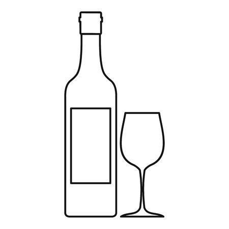 a wine bottle and a glass on a white background, line art style illustration stock photo