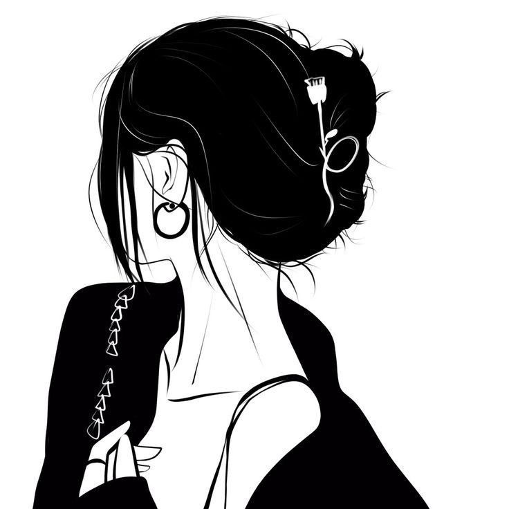 a black and white drawing of a woman with her hair in a bun, wearing earrings