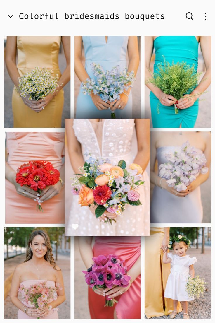 the bridesmaids are holding their bouquets and posing for pictures together in different colors