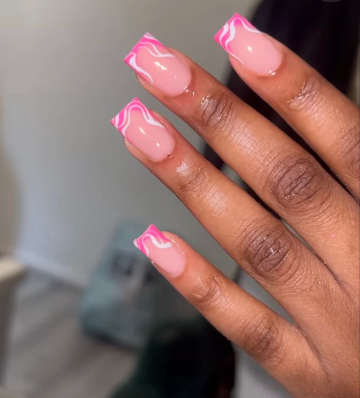 Nail Ideas Wavy Lines, Short French Tip Designs, Abstract Short Nails, Abstract French Tip Nails, Hot Pink French Tips, Pink Tip Nails, Holiday Acrylic Nails, Gel Acrylic Nails, Broken Nails