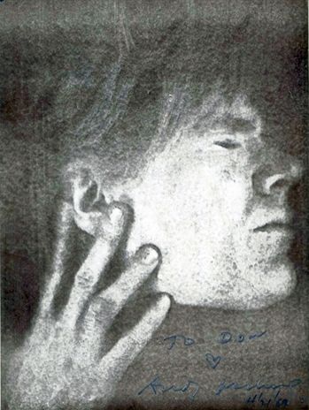 a drawing of a man holding his hand up to his ear