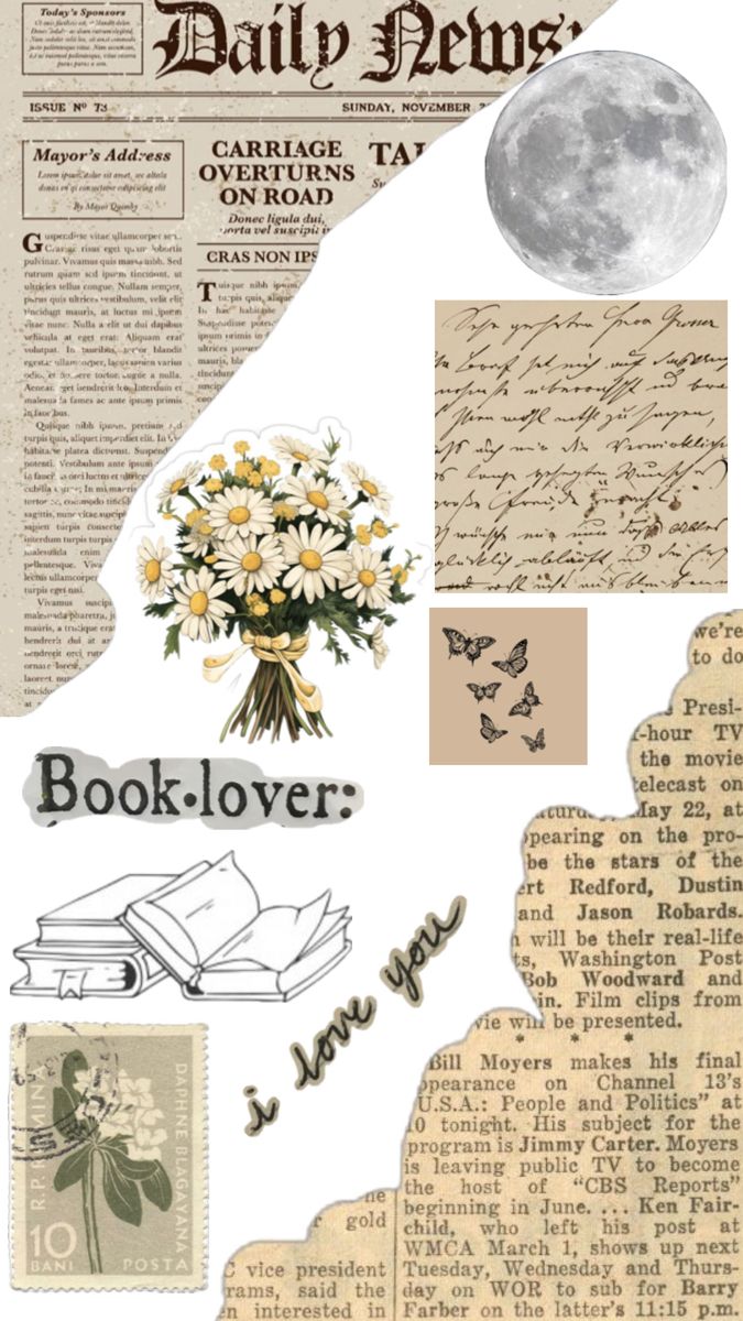 the back side of an old newspaper with flowers and books on it