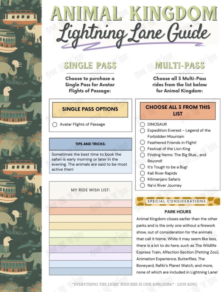 the animal kingdom lightening lane guide is shown in green and blue with elephants on it