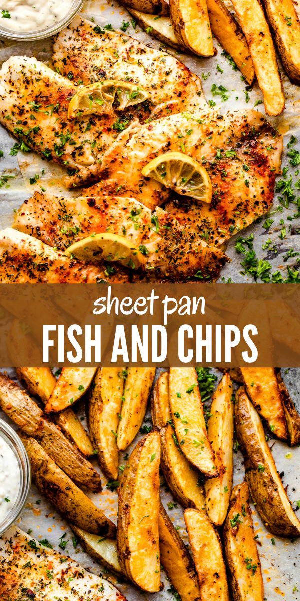 sheet pan fish and chips with lemon wedges