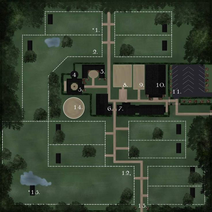 an aerial view of a house and its surrounding area, with numbers on the ground