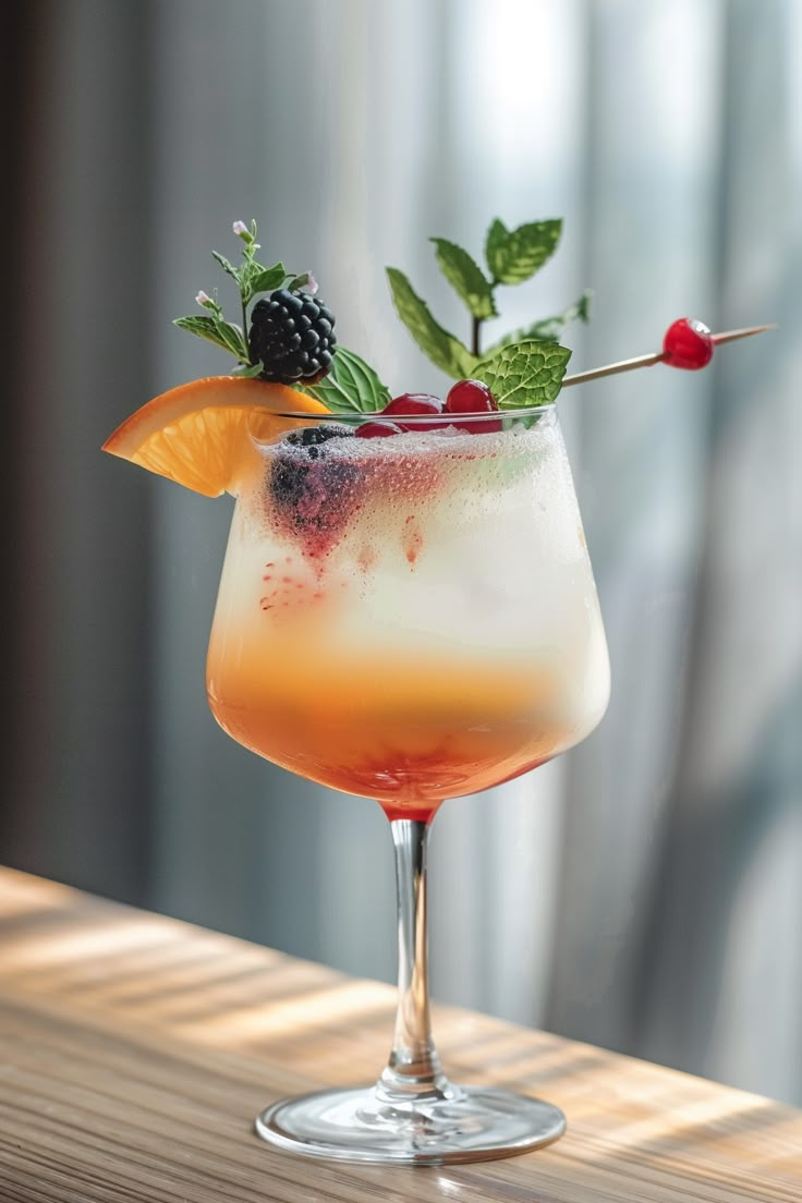 a cocktail with fruit and garnish sitting on a table