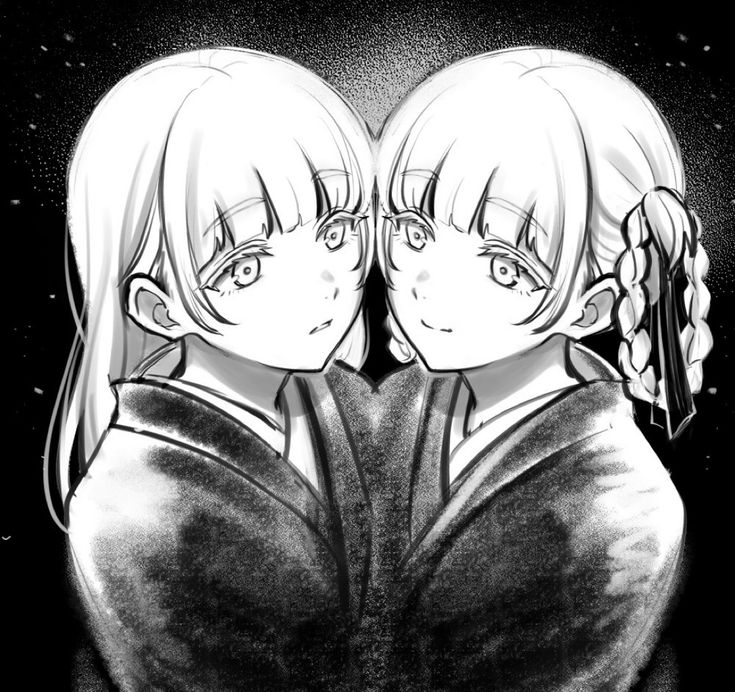 two anime characters are facing each other in black and white