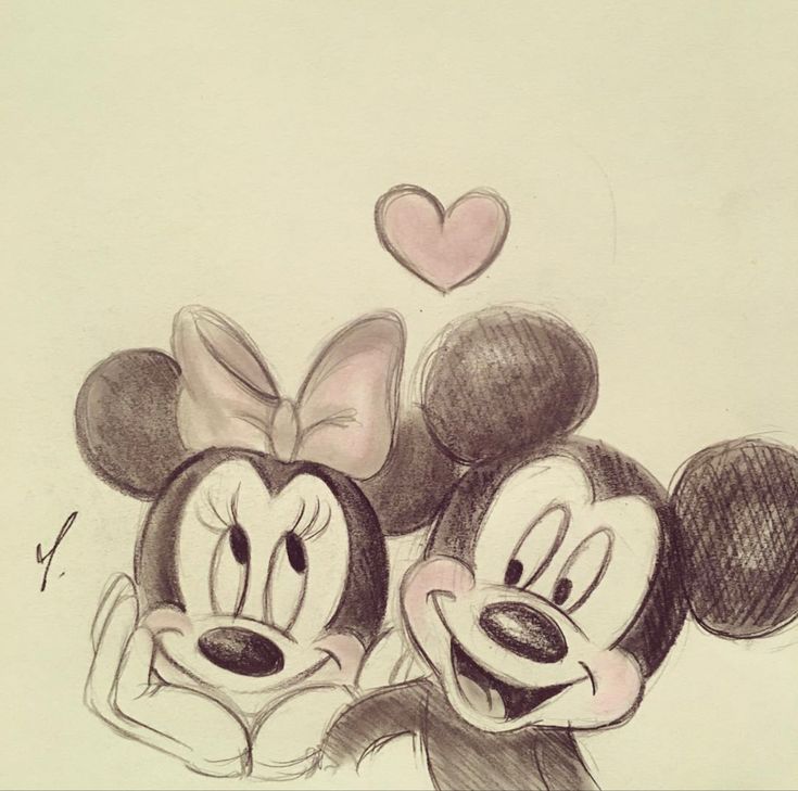 a drawing of two mickey and minnie mouses holding each other's hands with a heart in the background