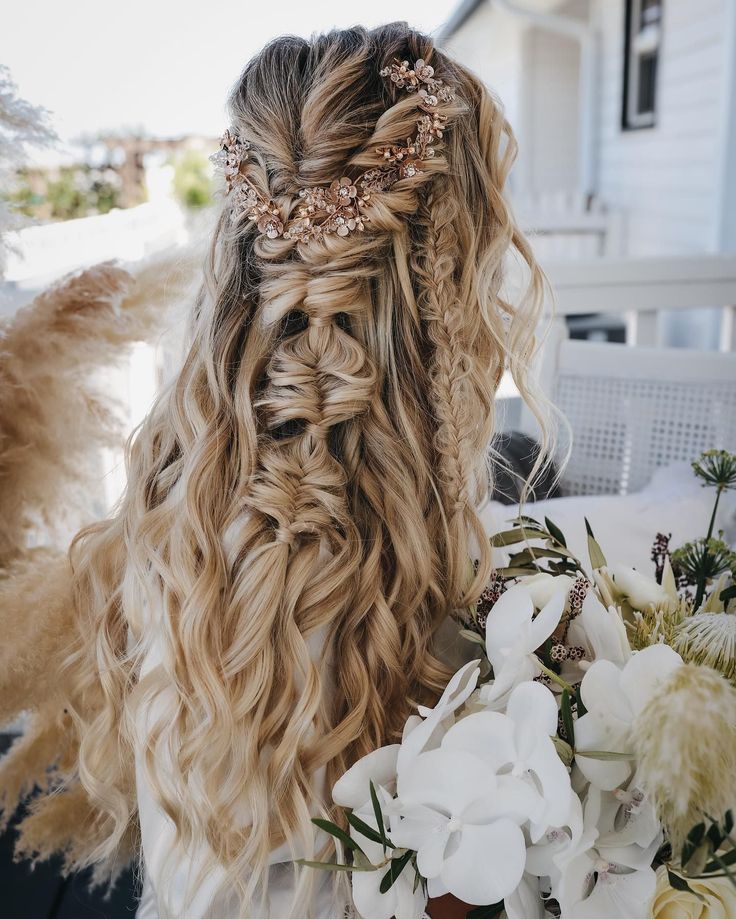 the back of a woman's head with long hair and flowers in front of her