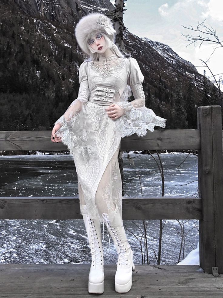 Gothic Lolita Chinese Style Cheongsam Lace Floral Print Long Sleeve White Qi Lolita One Piece Dress White Goth Dress, White Goth Outfit, White Goth Aesthetic, Goth Outfits Aesthetic, Gothic Embroidery, Snow Queen Dress, Bubble Goth, Shaggy Jacket, Jacquard Coat