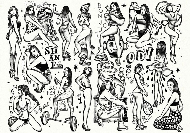 an ink drawing of various women in bikinis and swimsuits, with the words on