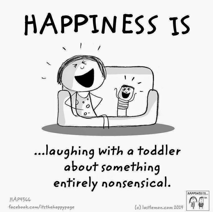 a cartoon drawing of a person sitting on a couch with the caption happiness is laughing with a toddler about something entirely nonsense