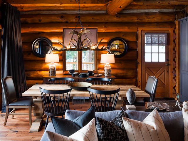 a living room filled with furniture and wooden walls