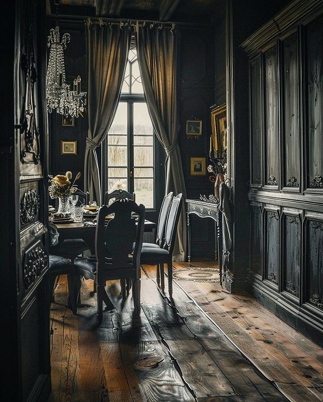 an old fashioned dining room with wooden floors and black walls, along with antique furniture