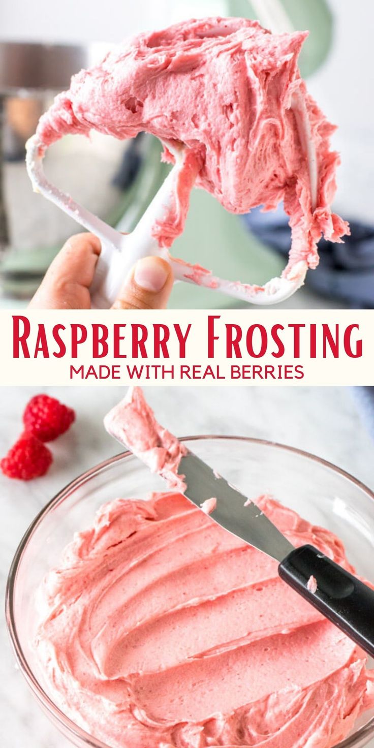 someone is spreading raspberry frosting in a glass bowl