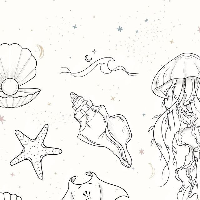 coloring page with sea animals and jellyfishs in black and white, under water